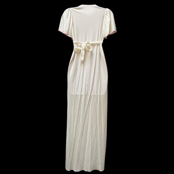 Vintage 1970s White Dress Rose Embroider Prairie Flutter Sleeve Nightgown Tie - Picture 4 of 16